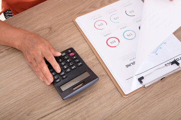 Investors or accountants who use a calculator in one hand and look through financial information with the other