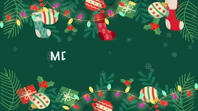 Cartoon Merry Christmas animation with green background. 4k new year animation with falling snow