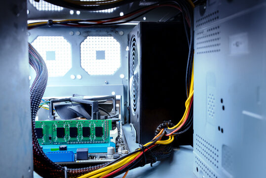 desktop computer or data server inside view still life. pc repair service concept. computer equipment conceptual