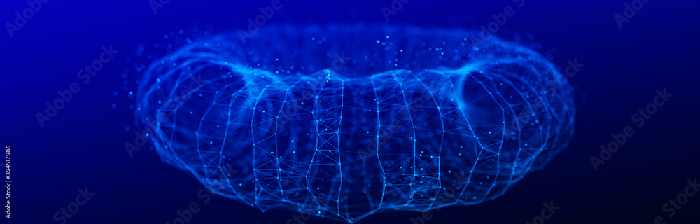 Poster digital 3d wireframe tunnel. 3d tunnel grid. network connection structure. futuristic particles back