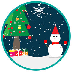 snow man with chrismas tree and gift box  night background