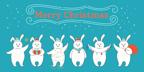 Greeting Christmas card, rabbit in row. New Year cartoon hare owls in different poses. Merry Christmas and Happy New Year. Hand drawn animal coney character holidays vector