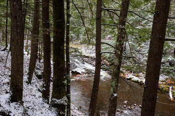 Fototapeta na wymiar Stream in the winter forest. Winter wonderland at Union Mine Trail, Porcupine Mountains Wilderness State Park in Michigan