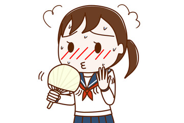 暑くて火照ったのでうちわであおぐ女子学生