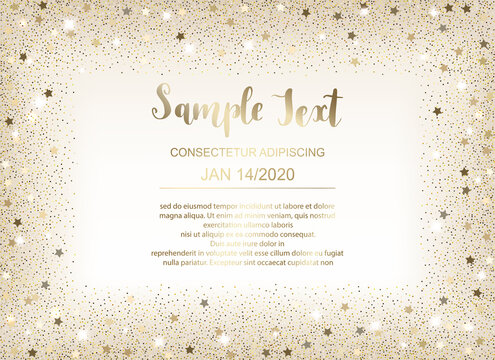 Elegant gold glitter dust star border invitation design background for holidays.