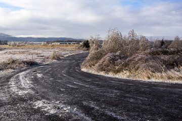 Icy road. Columbia river gorge in Washington