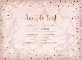 Marble background with rose gold glitter dust star border invitation design for holidays.
