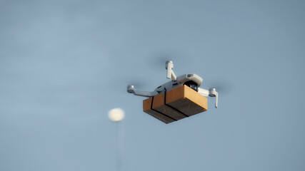 flying on a sky delivery drone with holding a .cardboard parcel