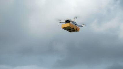 Fototapeta na wymiar flying on a sky delivery drone with holding a .cardboard parcel