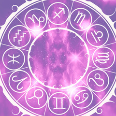 New Year and Christmas celebration card template. Zodiac circle. Universe filled with stars.