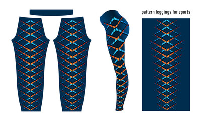 Abstract geometric pattern of orange and blue corners in a row color dark blue leggings for sports activities. Colorful print vector illustration.