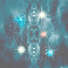 Mystical geometry symbol. Linear alchemy, occult, philosophical sign. Astrology and religion concept. Universe filled with stars.
