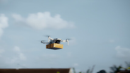 flying on a sky delivery drone with holding a .cardboard parcel