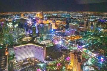  LAS VEGAS, NV - JUNE 29, 2018: Night aerial view of Casinos and Hotels along The Strip. This is the famous city road full of Casinos and Hotels © jovannig