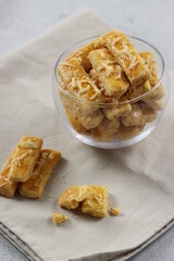 Kastengel or Dutch-Indonesian cookies is the name of cheese cookies which usually served every Eid Mubarak in Indonesia. The taste is salty.
