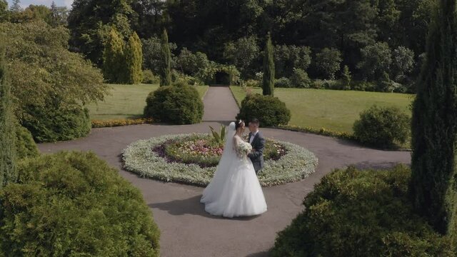 Newlyweds. Caucasian bride and groom walking in park. Embracing, hugs. Happy wedding family couple. Man and woman in love. Bride in gorgeous wedding dress. Bridegroom. Aerial view. Shot from drone