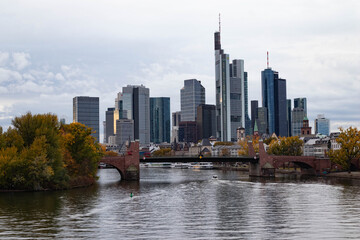 The Skyline of Frankfurt from the Ignatz-Bubis-Bridge.