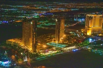 Fotobehang LAS VEGAS, NV - JUNE 29, 2018: Night aerial view of Casinos and Hotels along The Strip. This is the famous city road full of Casinos and Hotels © jovannig