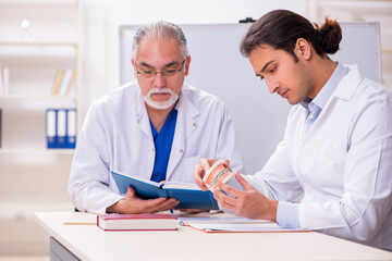 Experienced doctor dentist teaching young male assistant