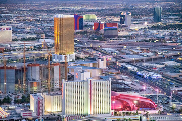 LAS VEGAS, NV - JUNE 29, 2018: Sunset aerial view of Casinos and Hotels along The Strip. This is the famous city road full of Casinos and Hotels