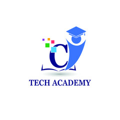 C Initial letter for Education/Academy business logo template with Toga hat cap and children. Startup technology education