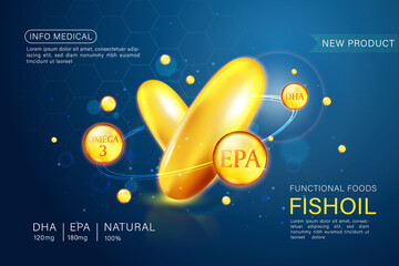 Fish oil ads template, omega-3 softgel with its package. Deep sea background. 3D illustration. - obrazy, fototapety, plakaty