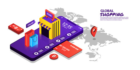 Global online shopping concept, digital payments in isometric design