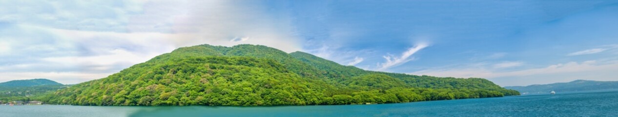Hakone Lake panoramic view with a beautiful blue sky, Japan
