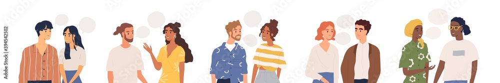 Wall mural Set of multiethnic people talking or speaking. Collection of chatting couples with speech bubbles. Men and women meeting. Dialogues between characters. Flat vector illustration isolated on white