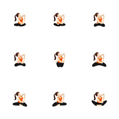Seated side bend and twist yoga asanas set/ Illustration stylized woman practicing butterfly, lotus and other poses with side lean and twist