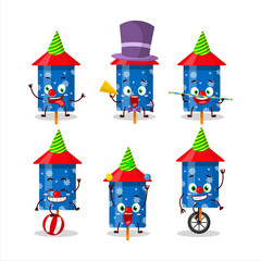 Cartoon character of blue firecracker with various circus shows