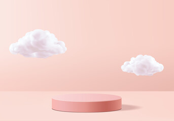 Background vector 3d pink rendering with podium and minimal cloud white scene, minimal cloud abstract background 3d rendering geometric shape pink pastel podium. Stage and cloud 3d render - obrazy, fototapety, plakaty