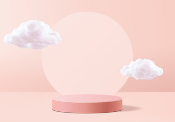 Valentine background vector 3d pink rendering with podium and cloud white scene, cloud 3d minimal background 3d rendering valentine love pink pastel podium. Stage pink on cloud render background