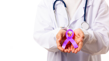 National Epilepsy or Alzheimer disease Day. woman doctor white uniform hold purple ribbon on hand symbol of Pancreatic cancer awareness, world Lupus Day and world cancer isolated white background