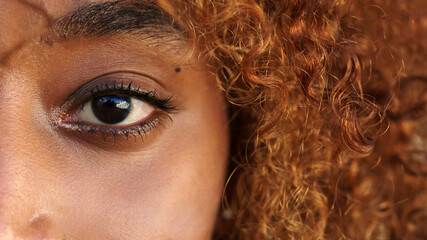 Close up, eye of an african american young woman looking at the camera. High quality photo