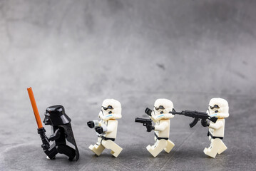 Naklejka premium Bangkok, Thailand - November, 18, 2020 : Lego Star Wars Storm Troopers were arrested for violating military rules at Bangkok, Thailand