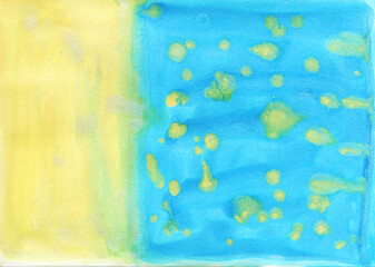Fototapeta na wymiar sea ocean waves blue yellow bright paint in monotype technique, abstract texture background for your design Imitation marble, granite. Paper marbling aqueous surface design, unique monotype.