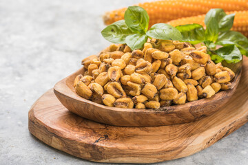 Appetizing beer snacks close up. Crunchy salty corn