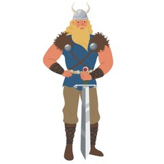 Medieval viking man icon isolated on white background. Vector illustration. Scandinavian warrior with sword.