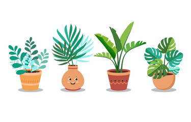 Indoor landscape garden potted plants isolated on white. Vector set of house indoor green plants in cartoon style. Green natural decor for home and interior. Cute trendy houseplants in pots and vases