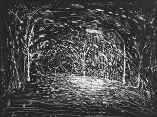 trees, night, light lanterns engraving etching scratches texture white black gradient unique watercolor paint in monotype technique, abstract texture background for your design