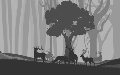 Natural landscape, deers silhouettes under tree on hills, forests, vector illustration