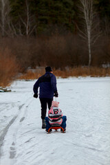 Dad rides a girl on a sled on a frozen lake on a cloudy winter day. Shot from behind