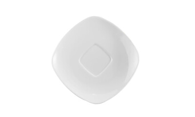 Empty white ceramic plate of a quadrangular shape, isolated on a white background, close-up