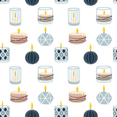 Scented burning candles seamless pattern.Spa and aromatherapy. Design for printing, textiles, wrappers. Vector