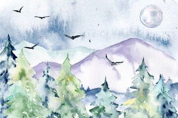 Landscape scenery with forest and mountain, watercolor hand painting.	 - obrazy, fototapety, plakaty