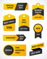 Vector stickers, price tag, banner, label. Coupon sale, offers and promotions vector template. 