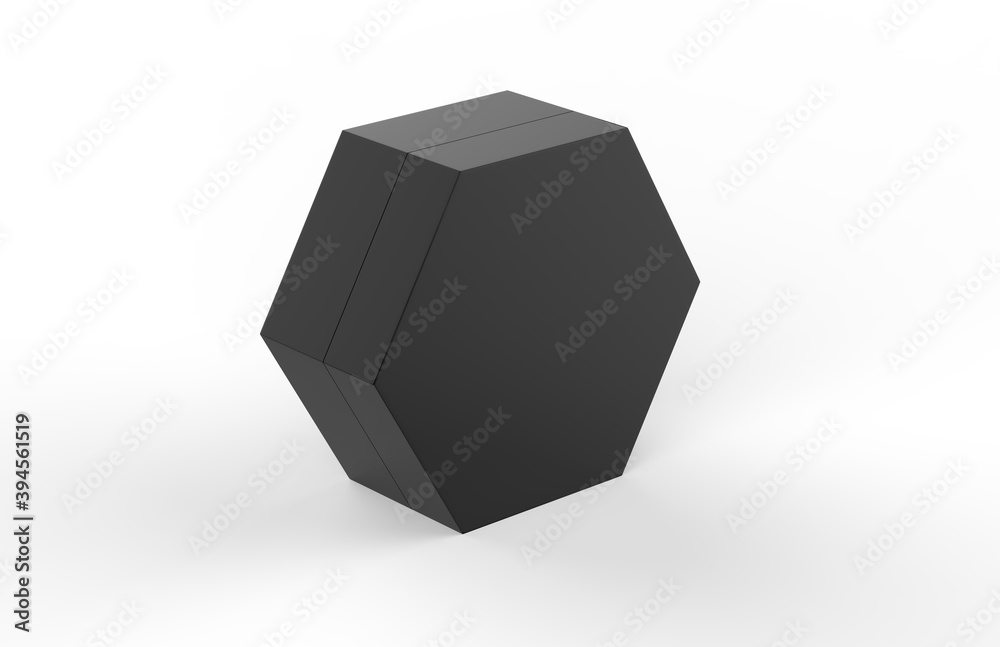 Wall mural Blank black cardboard hexagon packaging box mockup template on isolated white background, 3d illustration