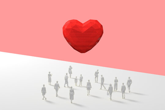 Red Low Poly Heart Shape Floating In Pink Space With A Crowd Of White Figurines On a White Background. 3d Rendering.
