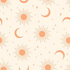 Naadloos patroon met zon en maan. Eigentijdse compositie. Boho wanddecoratie. Kunstdruk uit het midden van de eeuw. Trendy textuur voor print, textiel, verpakking.